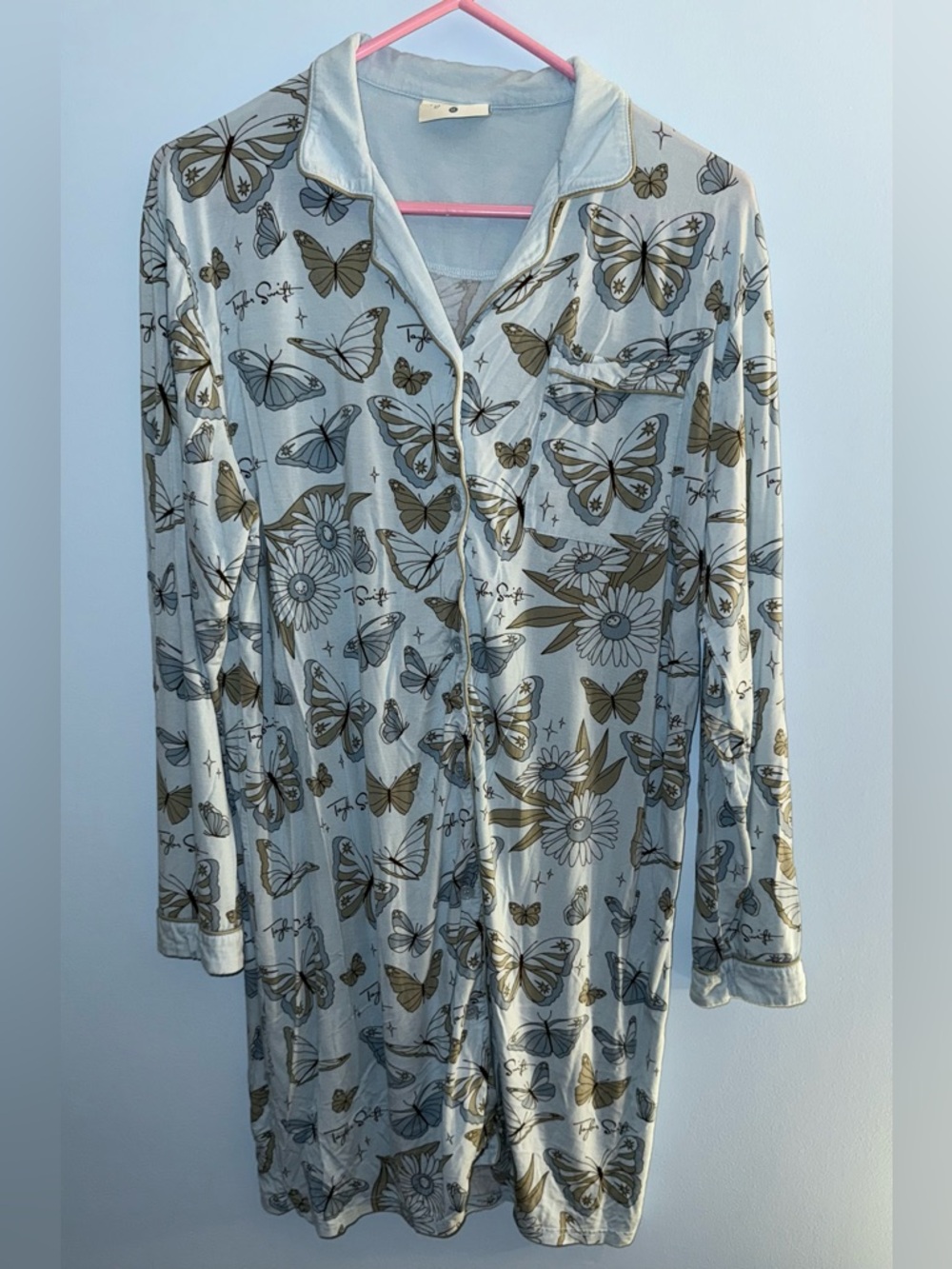 Taylor Swift Light Blue Butterfly Print Button-Front Nightshirt